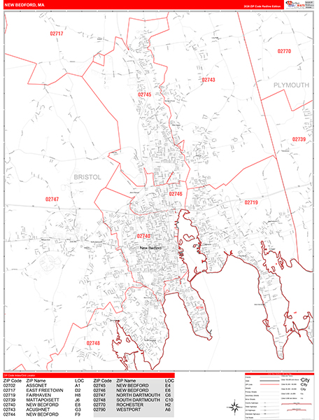 New Bedford City Wall Map Red Line Style